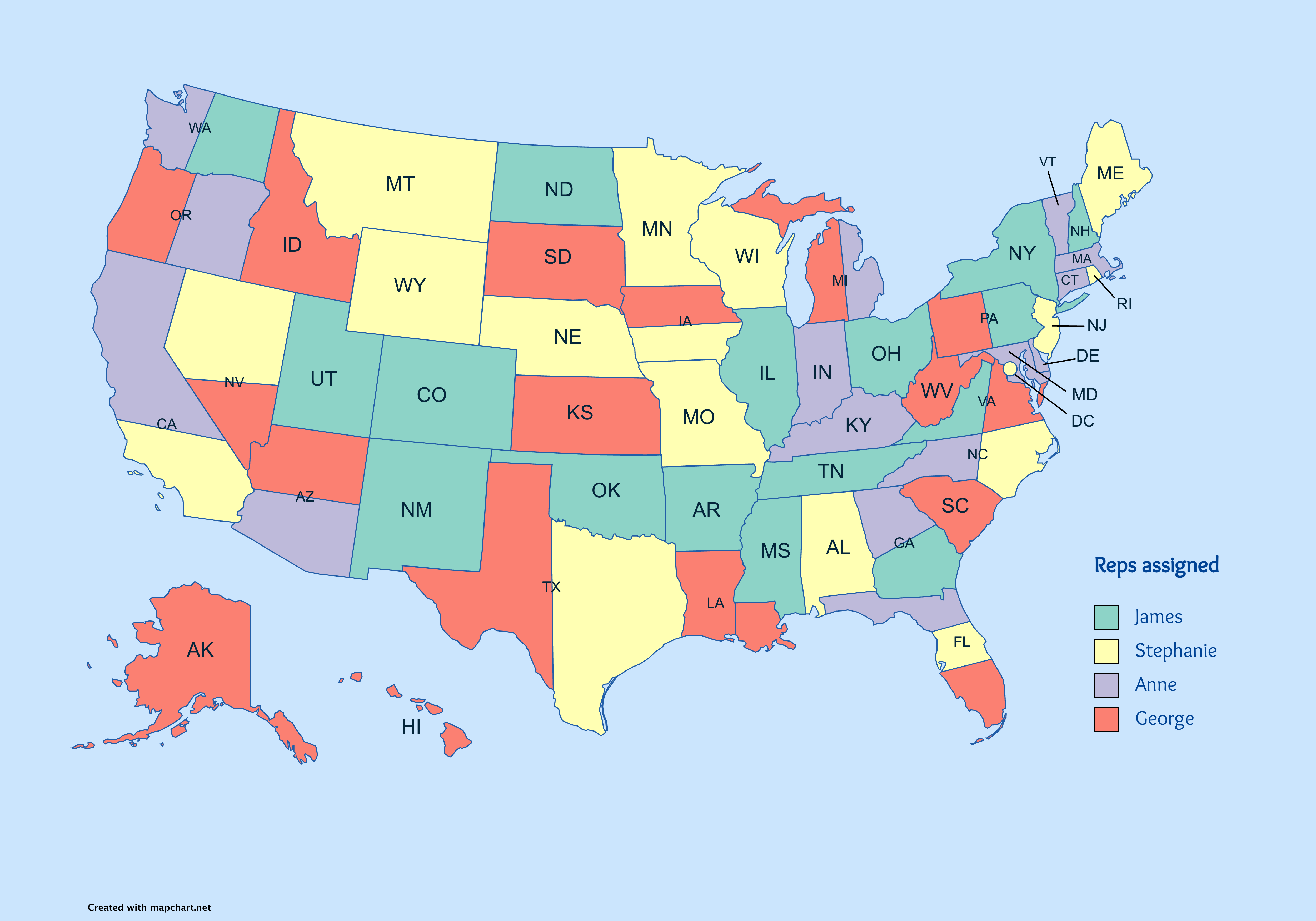 An example US states map, with some of the states split into parts.
