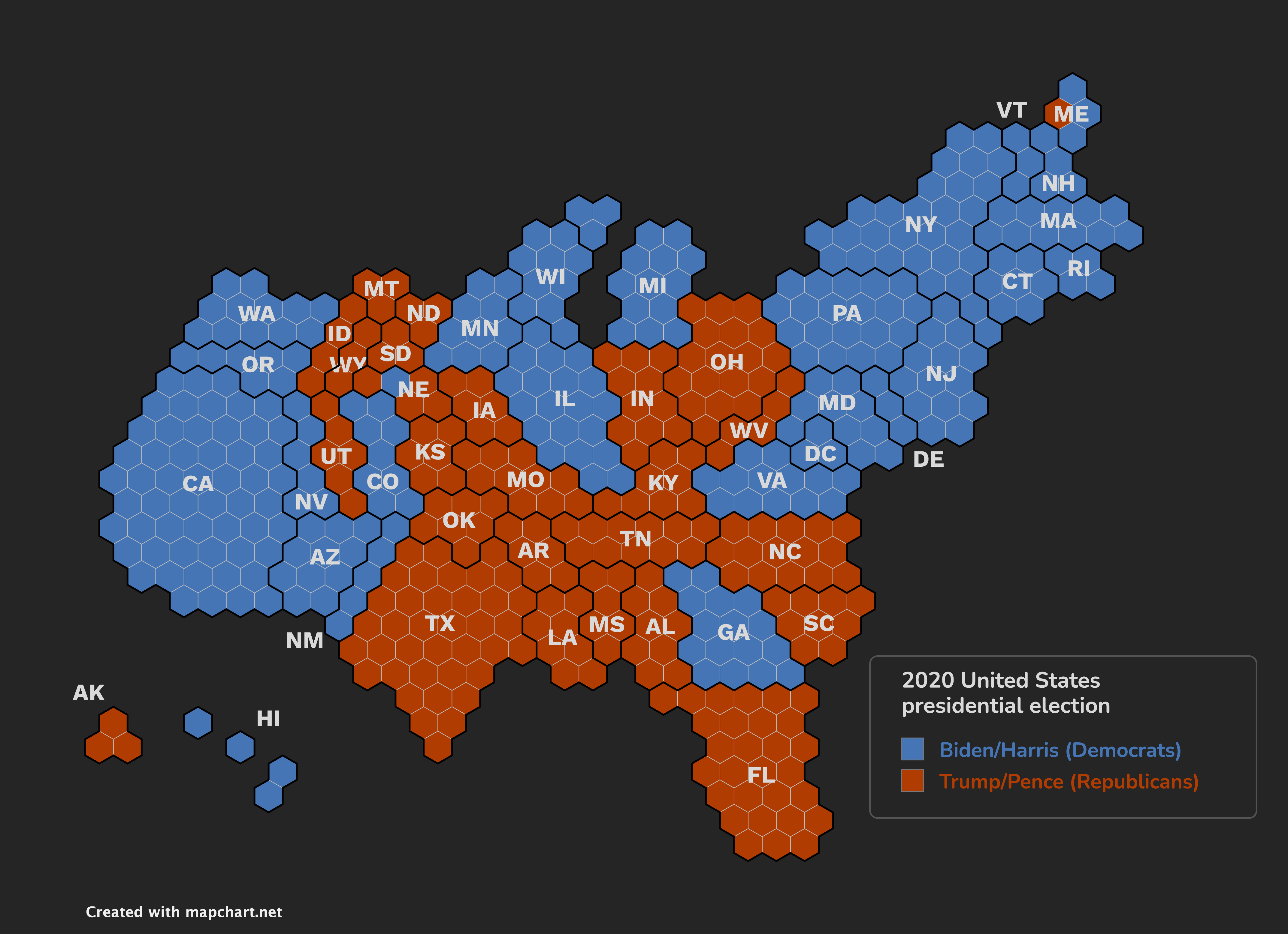 US Presidential elections 2020 results made with the USA hex cartogram map on MapChart.